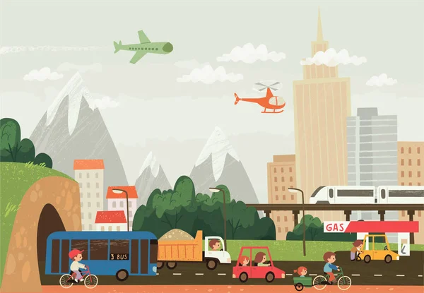 Transports Publics Dans Ville Voitures Vélos Bus Sur Route Illustration — Image vectorielle