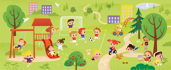 公園で遊んでいる子供たち 子供と遊び場 夏の背景 子供の夏の活動屋外 — ストックベクタ
