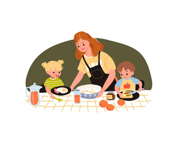 Οικογένεια Τρώει Πρωινό Μητέρα Ταΐζει Παιδιά Μητέρα Και Μικρό Γιο — Διανυσματικό Αρχείο