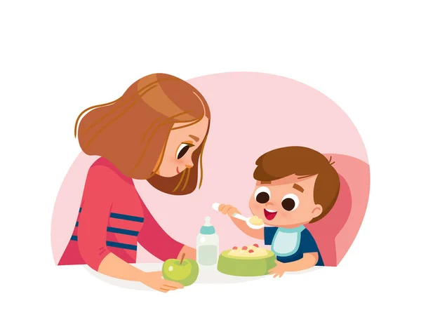 Annesi Bebeğini Besliyor Sağlıklı Yiyecekler Anne Küçük Oğlu Çocuk Büyütmek — Stok Vektör