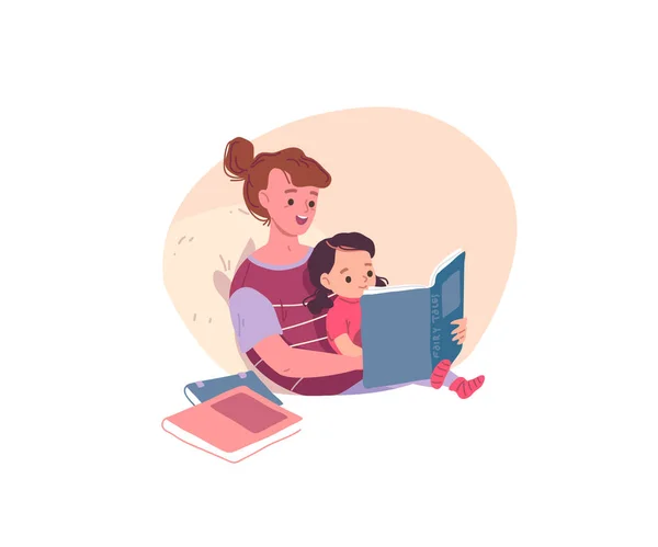 Mother Reading Book Kid Mom Daughter — Stock Vector