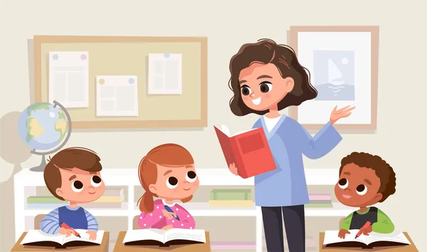 Tanterem Diákokkal Tanárral Lecke Osztályterem Belseje Gyerekek Hallgatnak Tanárra — Stock Vector