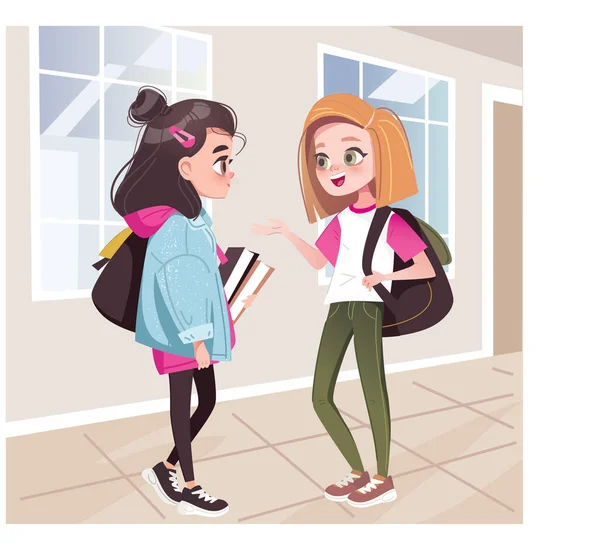 Two Teenage Girls Talking School Hallway Two Teenage Girlfriends Chatting — Stock Vector