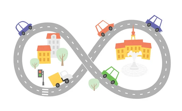 Carretera Con Autos Simple Mapa Ciudad Ilustración Infantil — Vector de stock