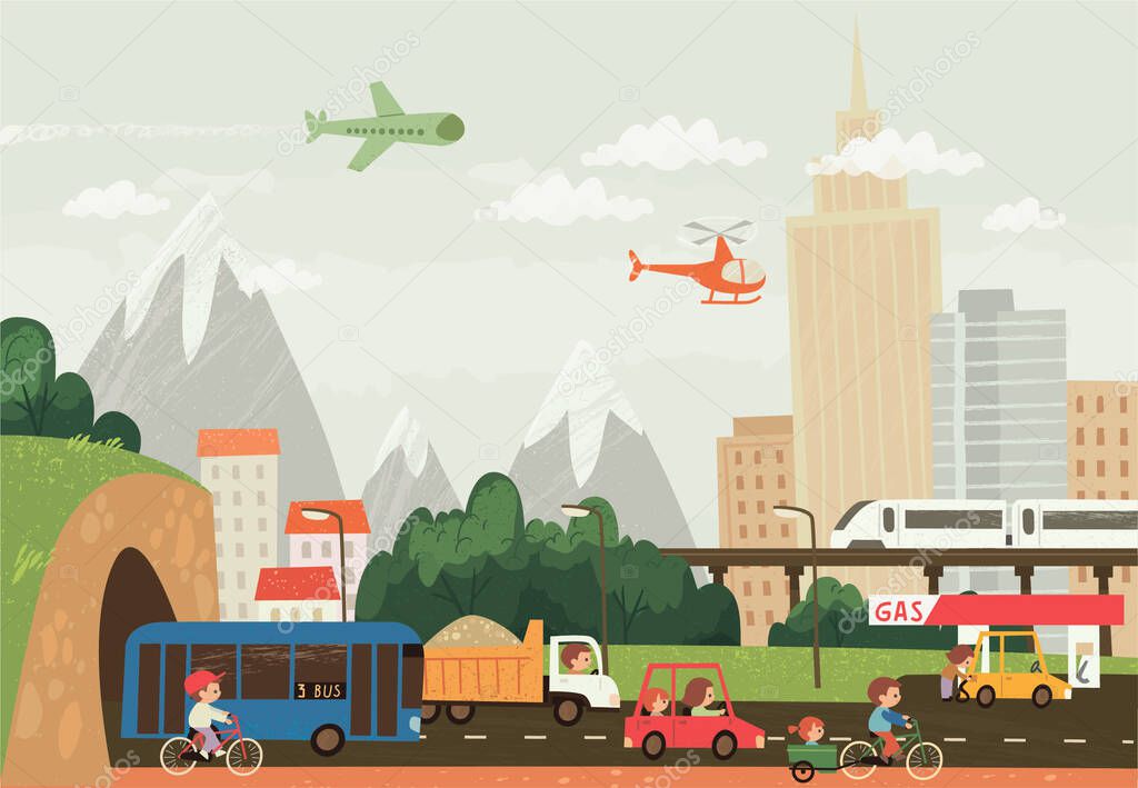 Public transport in the city. Cars, bikes, bus on the road. Outdoor illustration.