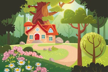 Yaz ormanı. Çizgi film evi ve güneş ışığı olan Woodland. Peri masalı orman resmi