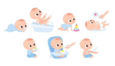 Yeni doğmuş şirin bir bebek. Bebek için endişelen. Bir grup bebek karakter. Bebek bakıcılığı, sürünme, yeme. Bebek yerde sürünüyordu. Çocuk günü rutini.