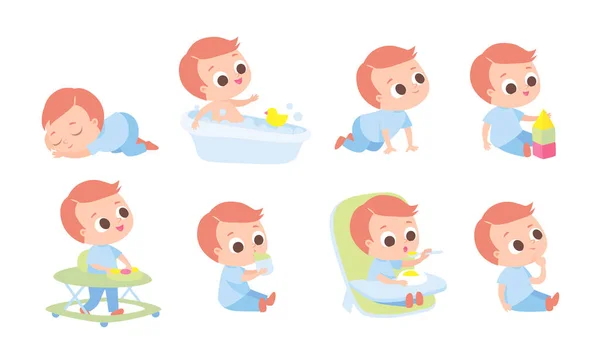 婴儿发育 婴儿生长阶段 关心孩子 一组婴儿角色 — 图库矢量图片