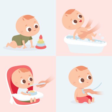 Çizgi film setleri şirin küçük bebekler. Yeni doğmuş şirin bir bebek. Bebek bakıcılığı, sürünme, yeme. Bebek yerde sürünüyordu. Mutlu çocuk oyuncaklarla oynuyor. Çocuk günü rutini.