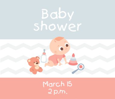 Bebek emekliyor ve oyuncaklarla oynuyor. Davetiye düzeni, broşür, broşür, tebrik kartı, duyuru.