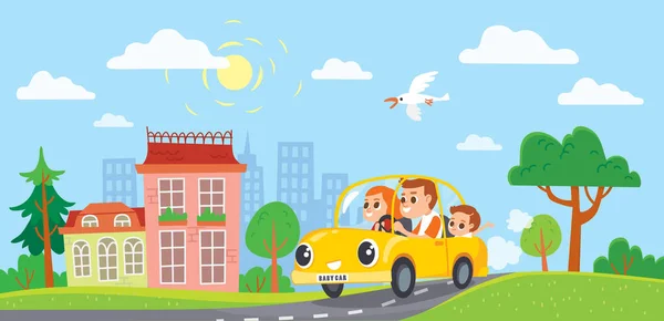 Familia Coche Fin Semana Vacaciones Escapar Ciudad Tiempo Para Viajar — Vector de stock