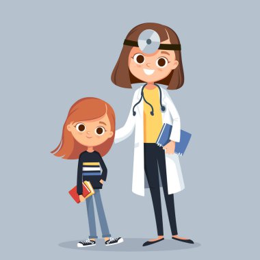 Hasta çocuk kızı ile birlikte birbirine yakın duran kadın doktor çocuk doktoru. Vektör çizimi. Düz tasarım.