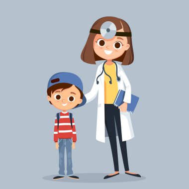 Hasta çocuk kızı ile birlikte birbirine yakın duran kadın doktor çocuk doktoru. Vektör çizimi. Düz tasarım.