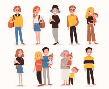 Farklı pozlarda insanlar. Küçük çocuğu olan mutlu bir aile. Baba oğlunu kollarına aldı..