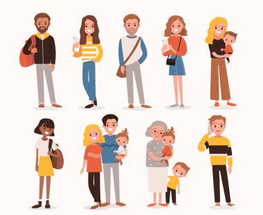 Farklı pozlarda insanlar. Küçük çocuğu olan mutlu bir aile. Baba oğlunu kollarına aldı..