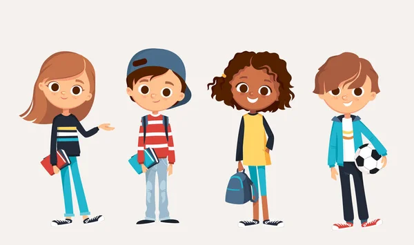 Farklı Giysiler Içinde Mutlu Çocuklar Çizgi Film Karakterleri Kitaplı Okul — Stok Vektör