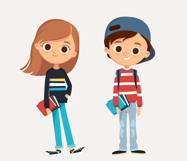 Ένα Ζευγάρι Χαρούμενα Παιδιά Διαφορετικά Ρούχα Cartoon Χαρακτήρες Σχολείο Παιδιά — Διανυσματικό Αρχείο