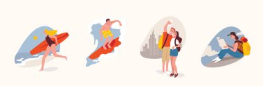 Farklı pozlarda boş zaman aktiviteleri yapan bir grup insan. Sörfçü dalgalarda sörf yapar.