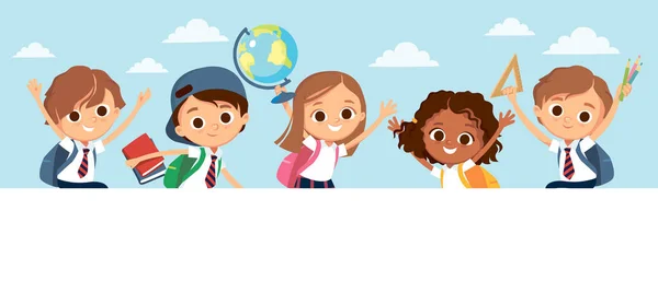 学校の日だ 屋外休憩に興奮した生徒 子供は楽しさ 子供時代 友人を持っている 地球を持つ生徒のグループ — ストックベクタ