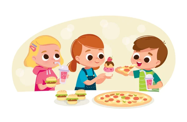 Boys Girls Eating Fast Food Boy Eating Pizza Girl Drinking — Stock Vector