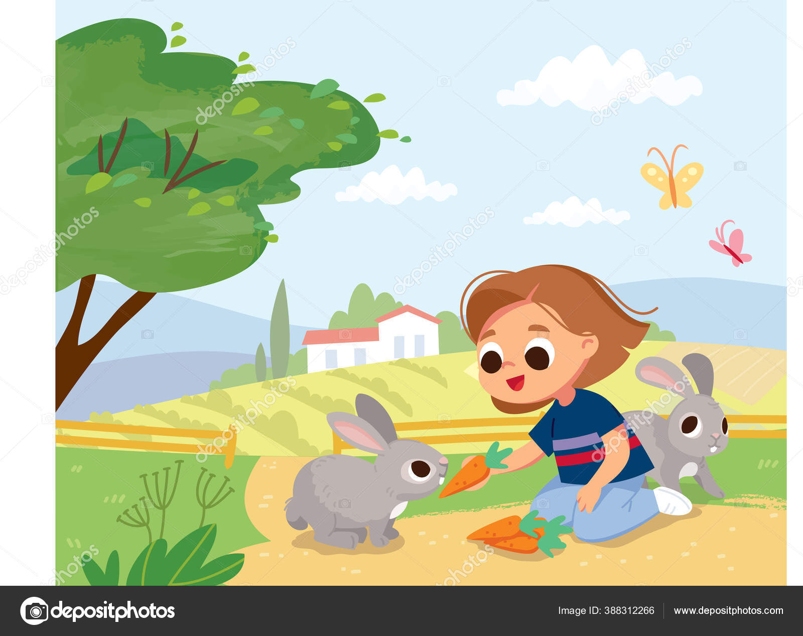 Girl Feeding Rabbits Kid Feed Animals Farm Summer Background Farm Stock