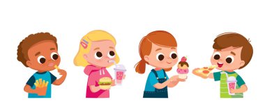 Erkekler ve kızlar fast food yiyor. Çocuk pizza yiyor, patates kızartması yiyor. Gazoz içen ve hamburger yiyen bir kız..