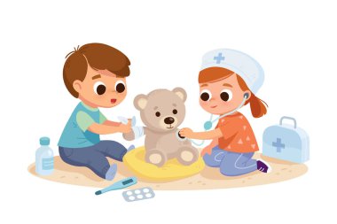 Çocuklar doktor çantasıyla oynuyor. Oğlan ve kız kendilerini doktor sanıyorlar. Çocuklar rol yapıyor..
