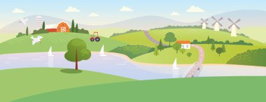 Kırsal kesimle manzara. Kızıl çiftlik binası. Nehir ve değirmenlerle yaz tarlaları.