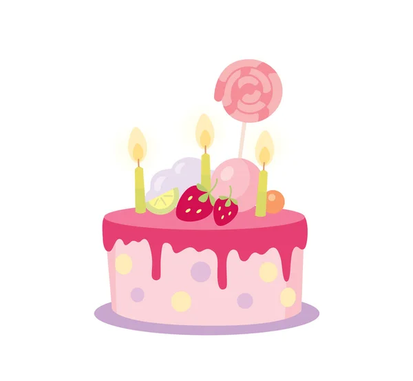 粉红婴儿的生日蛋糕 有浆果 奶油和蜡烛 白色背景的矢量说明 — 图库矢量图片