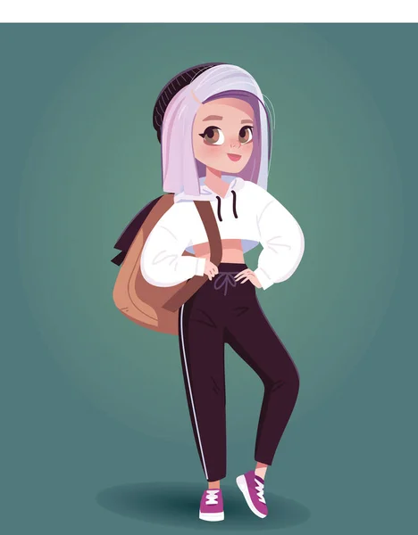 Stylish Teenage Girl Hoodie Backpack Young School Girl Character Isolated — Stock Vector