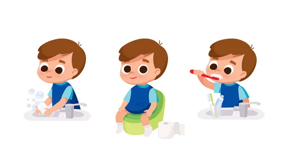 Niño Haciendo Rutinas Diarias Higiene Chico Lavándose Las Manos Con — Vector de stock