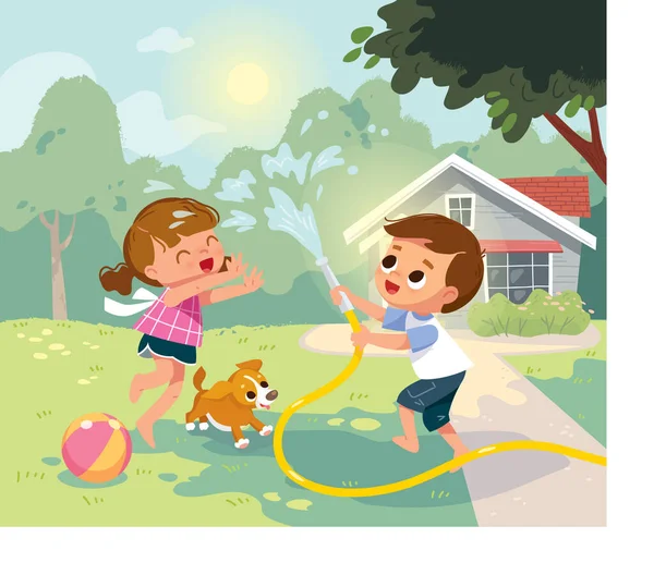孩子们在外面玩耍 孩子们有扇子夏令营活动 水花四溅 夏天的背景有后院的房子 — 图库矢量图片