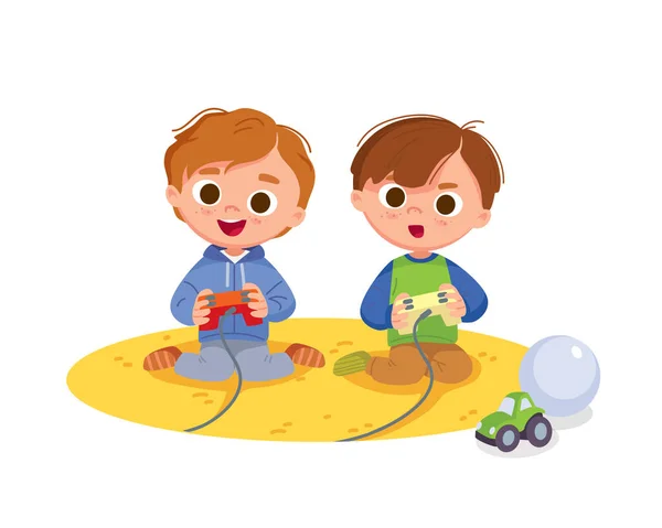 两个男孩兴奋地在游戏机上玩电子游戏的肖像 男孩玩电子游戏 儿童在家的活动 — 图库矢量图片