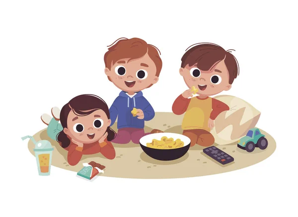 Crianças Assistindo Comendo Pipocas Passar Tempo Com Amigos Crianças Maravilhadas —  Vetores de Stock