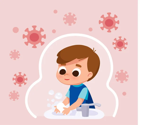 Koronavirus Pandemie Boy Mytí Rukou Mýdlem Chlapec Dělá Každodenní Hygienické — Stockový vektor