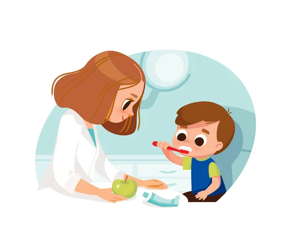 Boy Brushing His Teeth Toothpaste Dentist Office Dental Care Proper — Stock Vector