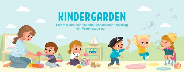 Çocuklar Anaokulunda Birlikte Oynarlar Çocuklu Oyun Odası Bebek Bakıcılığı — Stok Vektör