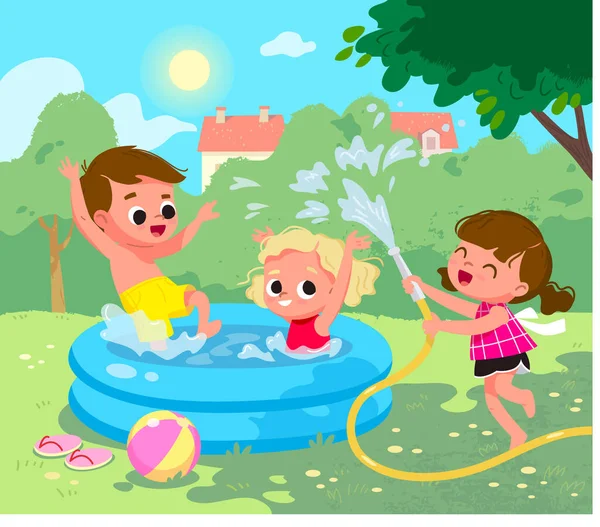 Children Have Fun Backyard Kids Swimming Pool Children Play Summer — Stock Vector