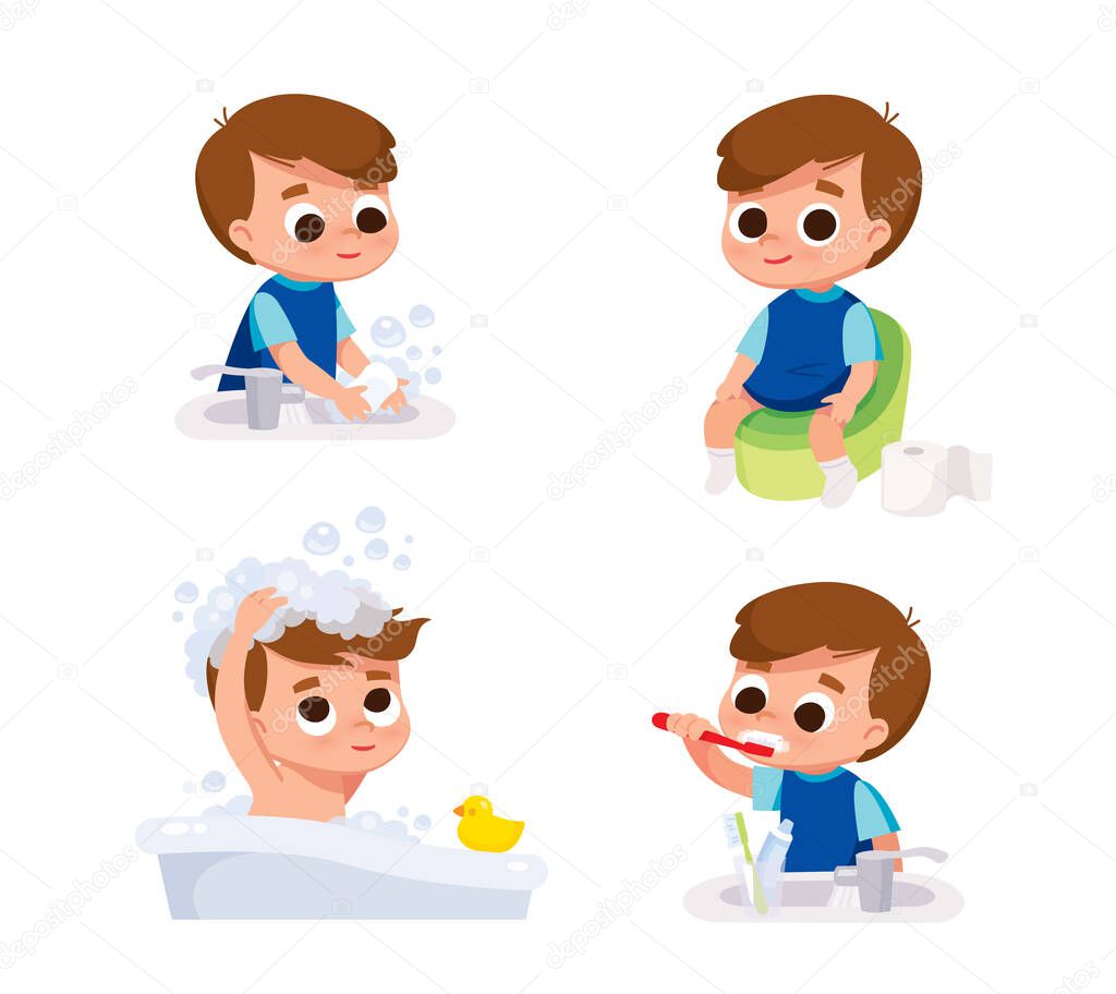 Boy doing daily hygiene routines. Boy washing his head with shampoo. Boy washing his hands with soap. Boy brushing teeth his with toothbrush.Boy sitting on potty in toilet.