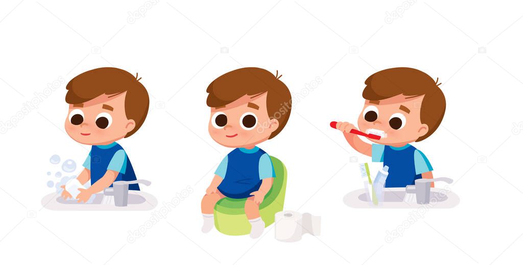 Boy doing daily hygiene routines. Boy washing his hands with soap. Boy brushing teeth his with toothbrush.Boy sitting on potty in toilet.