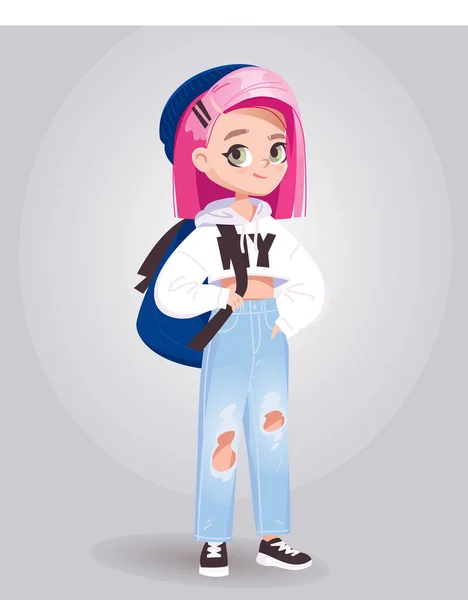 ピンクの髪とバックパック立ってスタイリッシュな十代の女の子 女子高生のキャラクター カラー背景のベクトルイラスト — ストックベクタ