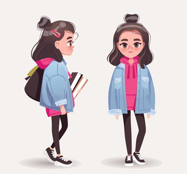 本やバックパック立ちでスタイリッシュなかわいい十代の女の子 女子高生のキャラクター カラー背景のベクトルイラスト — ストックベクタ