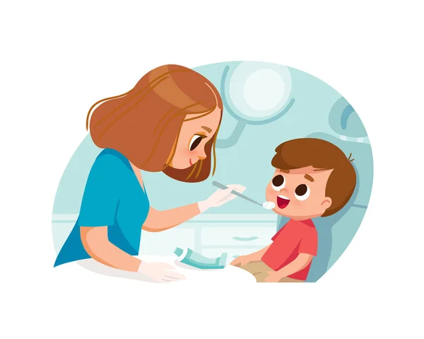 Dentist Checking Boy Teeth Dentist Office Proper Dental Care — Stock Vector