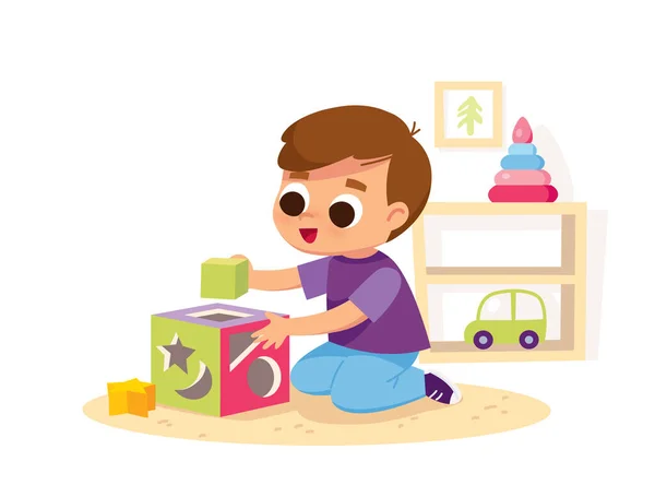 Menino Jogar Brinquedos Educativos Criança Jogando Cubos Designer Construtor Desenvolvimento —  Vetores de Stock