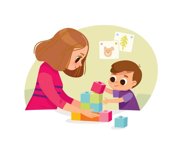 Mère Jouant Avec Gamin Maison Des Jouets Éducatifs Cubes Concepteur — Image vectorielle
