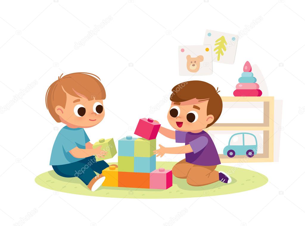 Dos Chicos Juegan Juntos Juguetes Educativos Juguetes Educativos Ninos Jugando Vector de stock por olga1818 388993934