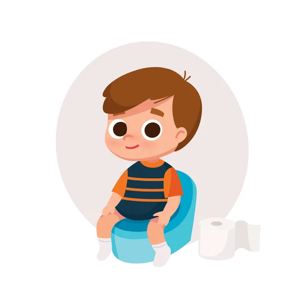 Kleine Jongen Zittend Het Potje Met Toiletpapier Kind Doet Zindelijkheidstraining — Stockvector