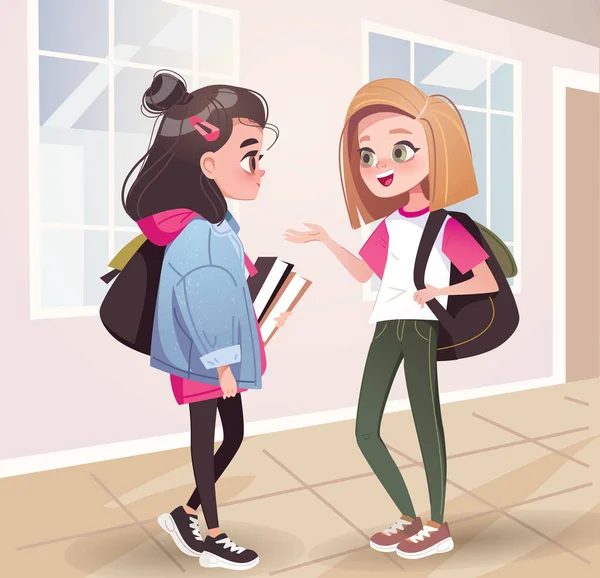 Dua gadis remaja berbicara di lorong sekolah. Dua pacar remaja mengobrol. - Stok Vektor