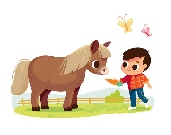 Petit Garçon Nourrit Poney Enfant Avec Animal Les Animaux Soucient — Image vectorielle