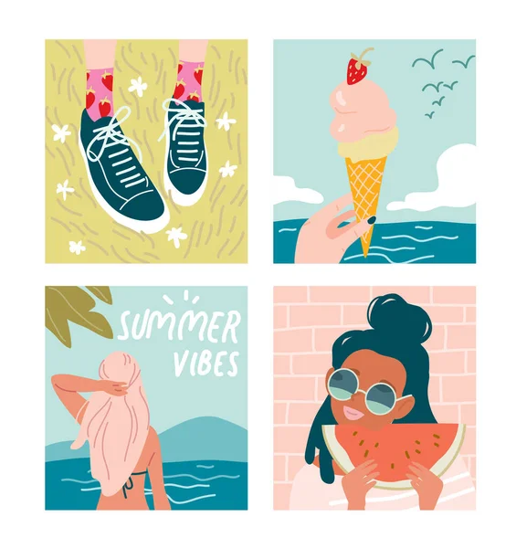 一套夏季插图 冰淇淋筒 草丛中的蛇 女孩与西瓜 海滩上的女孩 — 图库矢量图片